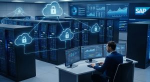 A professional enterprise cloud environment showing servers, secure digital cloud icons, network connections, and a specialist configuring an SAP private cloud platform on a modern dashboard — high-tech, secure, and business-oriented.