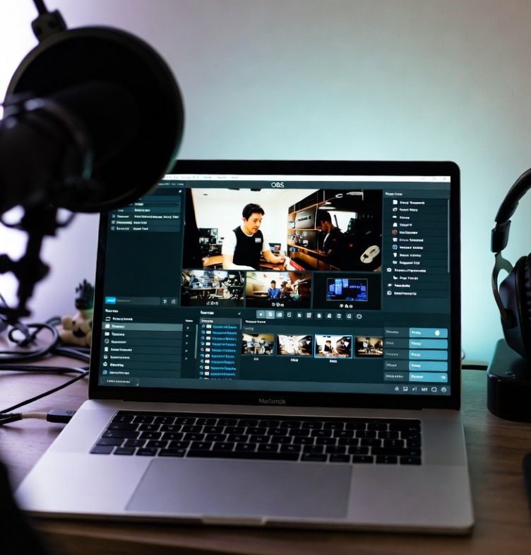 streamer setup with MacBook, microphone, and OBS Studio interface on screen