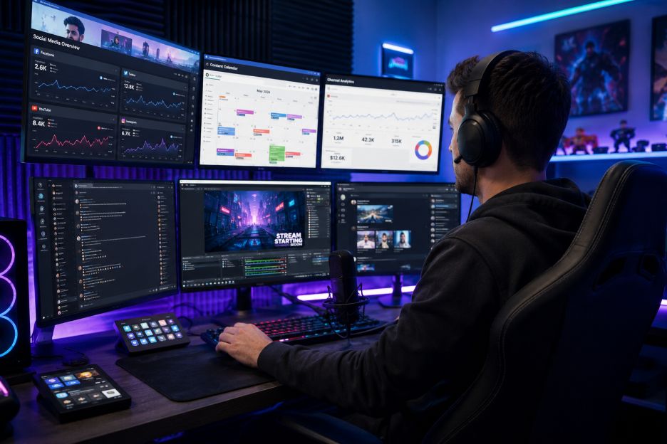 Streamer gaming setup with vibrant RGB accents